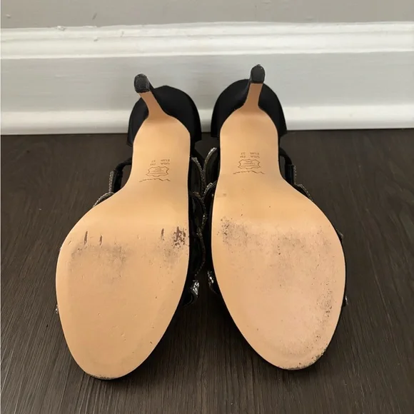 Nina Black Satin Rhinestone Strappy Heels Sz 7 / EUR 37 - Picture 5 of 5